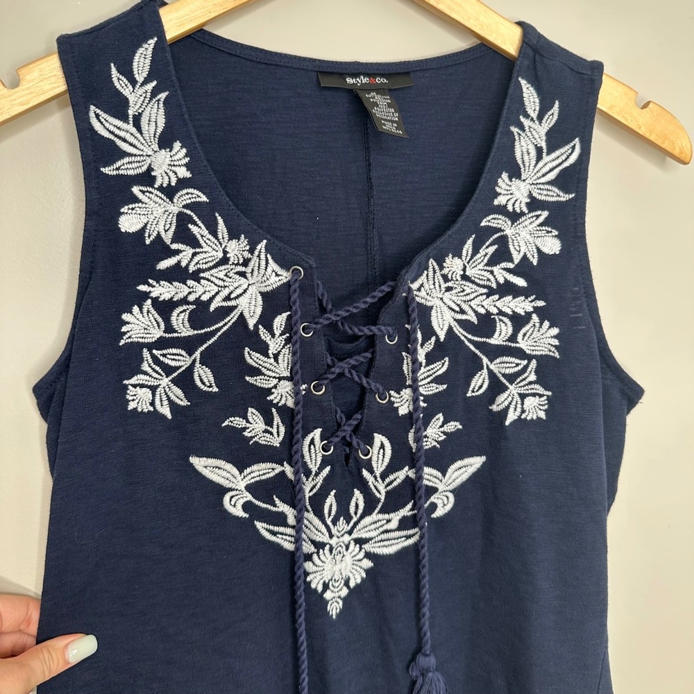 Style‎ & Co. Womens Navy Blue Embroidered Sleeveless Casual Dress Size M - Picture 3 of 8